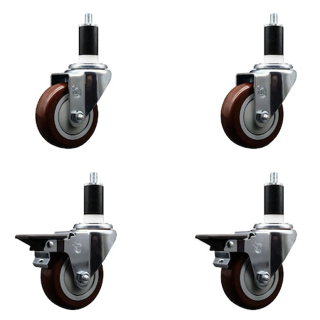 Service Caster 3.5'' Maroon Poly Wheel Swivel 1-3/8'' Expanding Stem Caster Set 2 Brakes, 4PK SCC-EX20S3514-PPUB-MRN-2-PLB-2-138